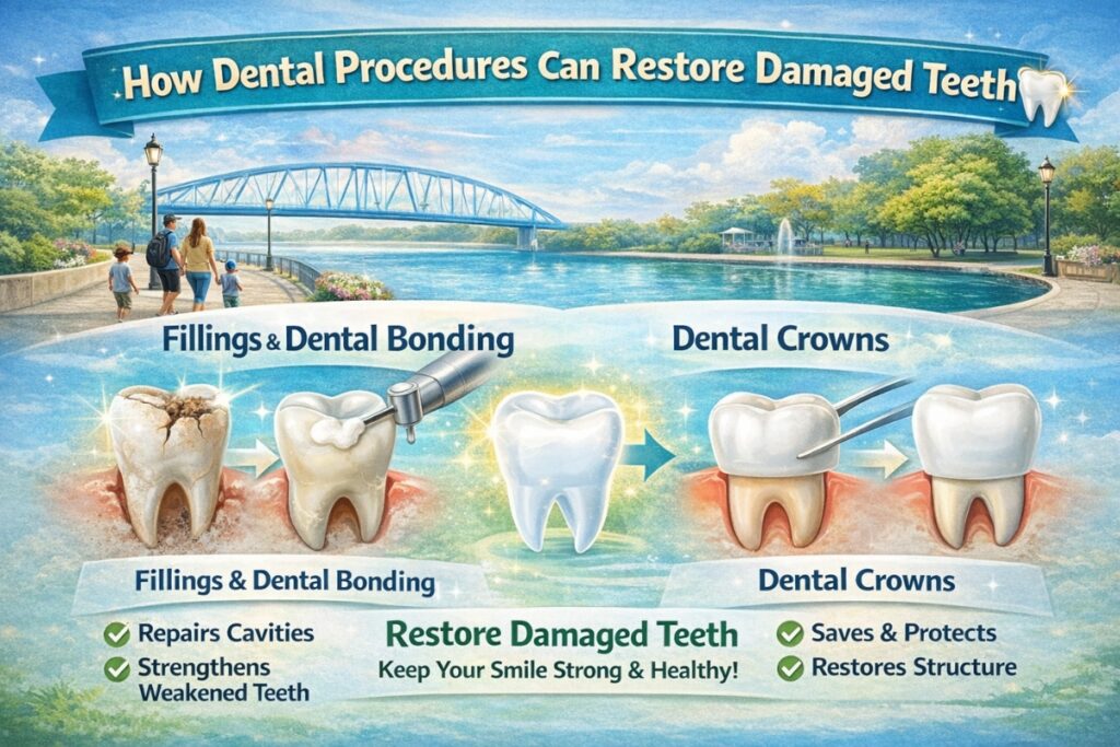 Infographic showing how dental crowns in Saginaw and fillings restore damaged teeth at Mead Family Dental